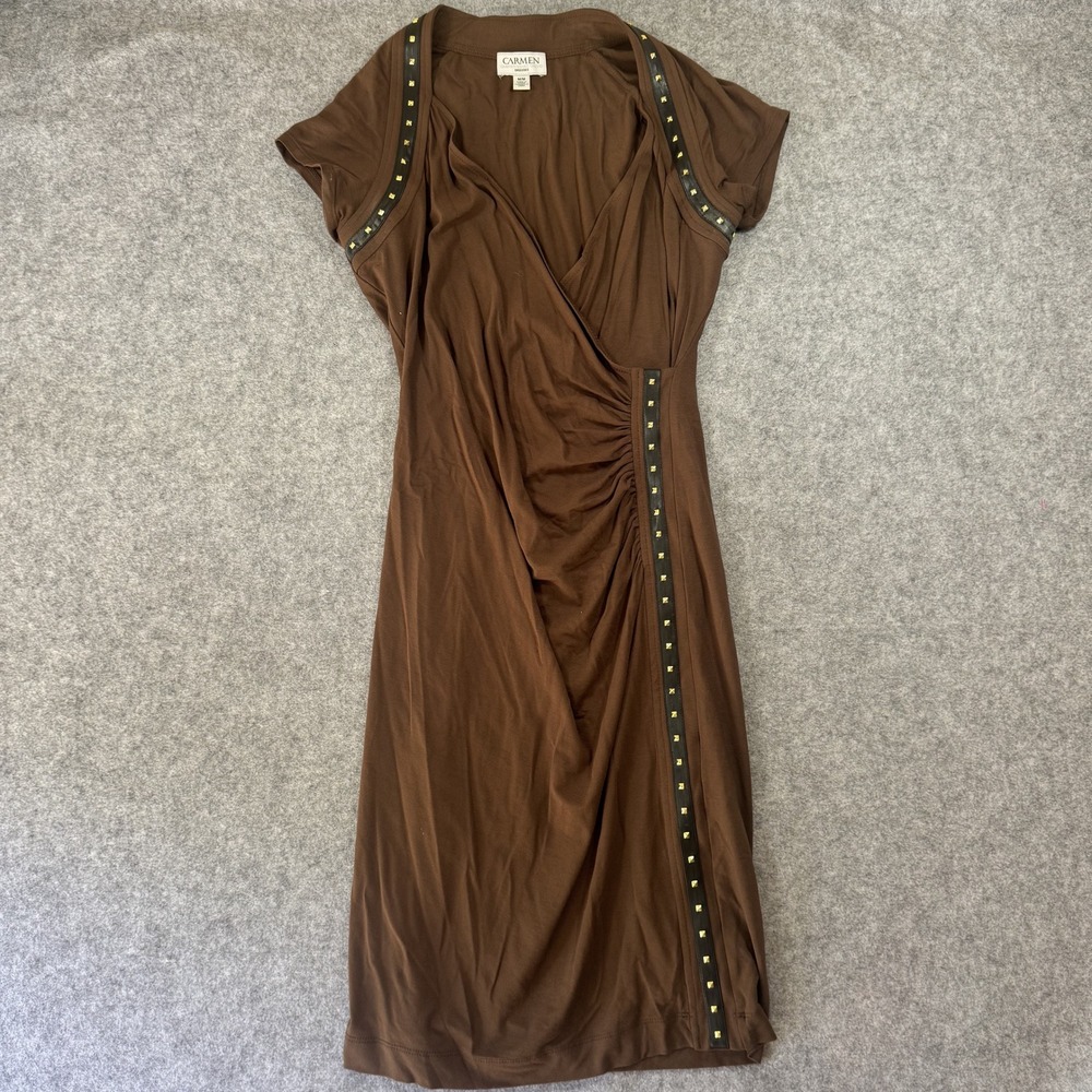 Carmen Marc Valvo Studded Faux-Wrap Dress Medium Brown Gold Stud Detail